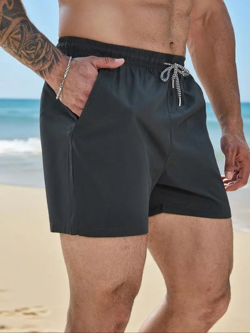 Men'S Solid Drawstring Waist Split Hem Shorts, Casual Breathable Zipper Pocket Shorts for Summer, Men'S Bottoms for Daily Wear