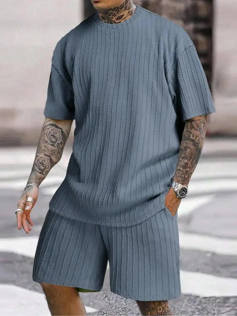 Men'S Summer Casual Set, Plain Shoulder Drop Tee & Drawstring Waist Pocket Shorts, Breathable Jacquard Fabric, Loose Fit, 2 Piece