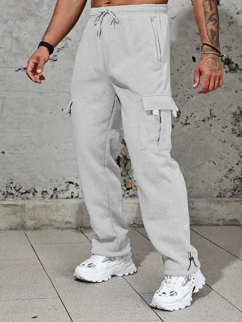 Men'S Plain Pockets Drawstring Waist Wide Leg Pants, Fashion Casual Loose Fit Straight Leg Trousers, Men'S Tracksuit for Fitness Travel, Machine Washable Pants, Work Trousers, Outdoor Activewear