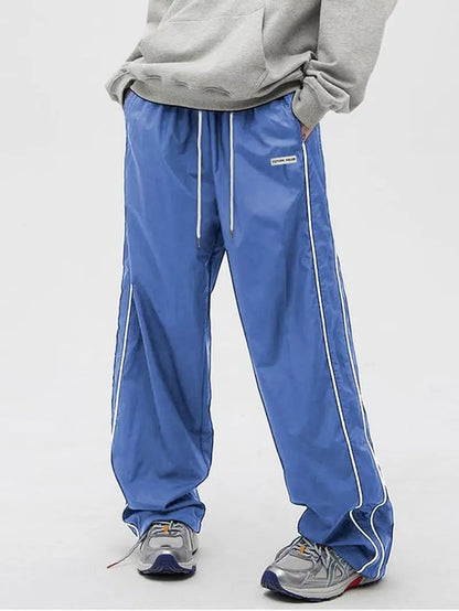 Men'S Side Stripe Drawstring Waist Straight Leg Pants, Casual Pocket Letter Patched Trousers for Fall & Winter, Loose Menswear, Drippy Outfits