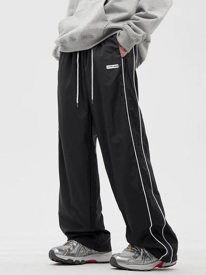 Men'S Side Stripe Drawstring Waist Straight Leg Pants, Casual Pocket Letter Patched Trousers for Fall & Winter, Loose Menswear, Drippy Outfits