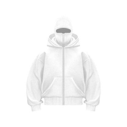 Balaclava Hoodie with Built-In Zip - Black Polyester Long Sleeve Men'S Athletic Sweatshirt for Autumn Winter Sports & Casual Wear