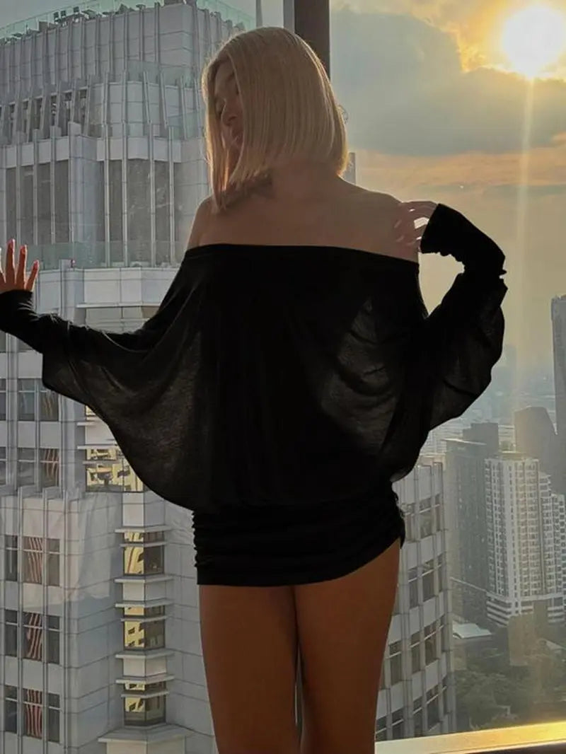 Women'S Solid off the Shoulder Sheer Ruched Dress, Fashion Casual Long Sleeve Mini Dress for Party Club Holiday, Women Dress for Spring & Fall