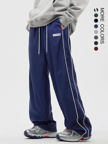 Men'S Side Stripe Drawstring Waist Straight Leg Pants, Casual Pocket Letter Patched Trousers for Fall & Winter, Loose Menswear, Drippy Outfits