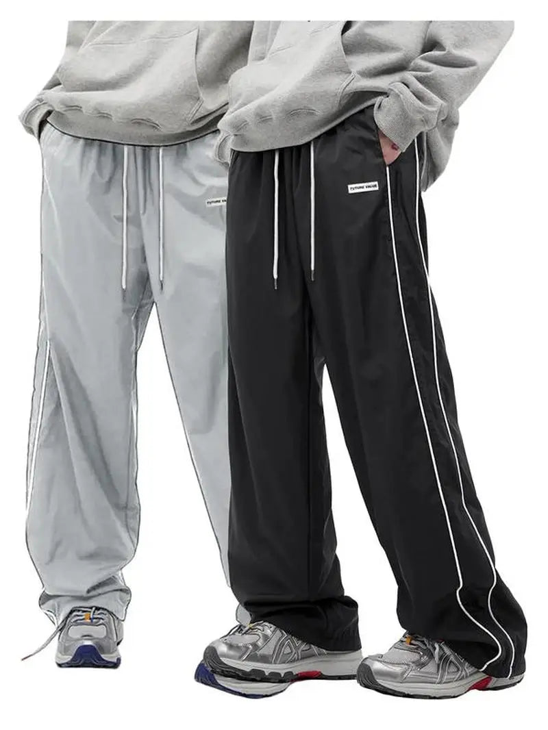 Men'S Side Stripe Drawstring Waist Straight Leg Pants, Casual Pocket Letter Patched Trousers for Fall & Winter, Loose Menswear, Drippy Outfits