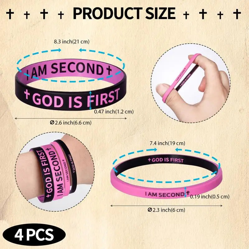 4 Pack GOD IS FIRST IM SECOND Faith Bracelets - Devotion Reminder with Interchangeable Black & White Christian Silicone Bands, Mix & Match Scripture Wristbands, and Uplifting Christian Gift Set for Men Women Teens