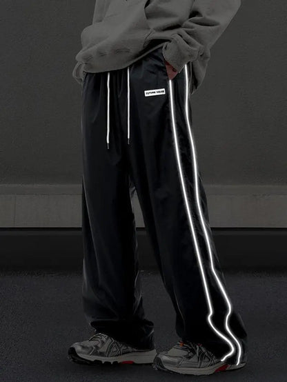 Men'S Side Stripe Drawstring Waist Straight Leg Pants, Casual Pocket Letter Patched Trousers for Fall & Winter, Loose Menswear, Drippy Outfits