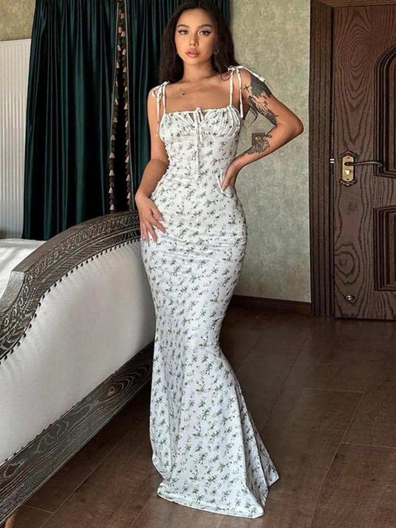 Women'S Ditsy Floral Print Backless Tie Shoulder Mermaid Dress, Elegant Tie Front Maxi Cami Bodycon Dress for Holiday Party, Summer Clothes Women, Summer Dresses for Women