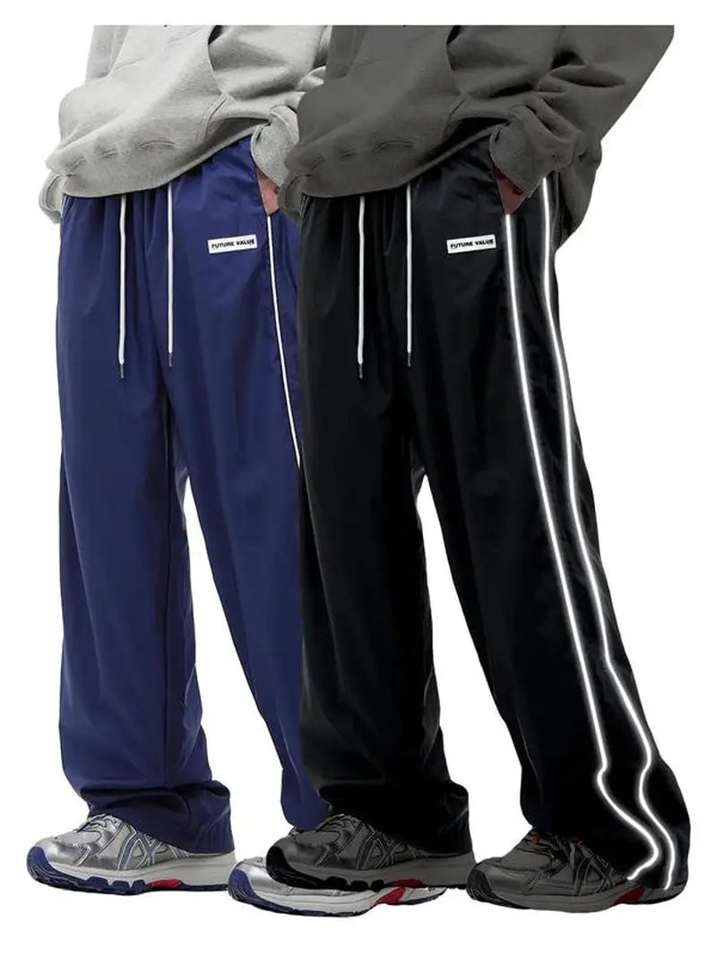 Men'S Side Stripe Drawstring Waist Straight Leg Pants, Casual Pocket Letter Patched Trousers for Fall & Winter, Loose Menswear, Drippy Outfits