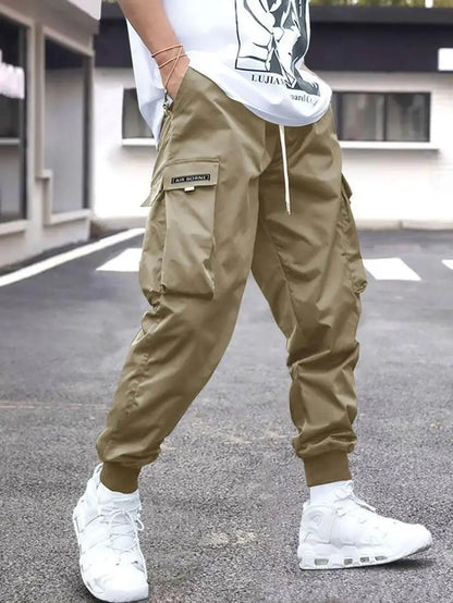 Men'S Flap Pocket Drawstring Cargo Pants, Loose Drawstring Waist Jogger Trousers, Summer, Men Clothes, Please Purchase a Size Up
