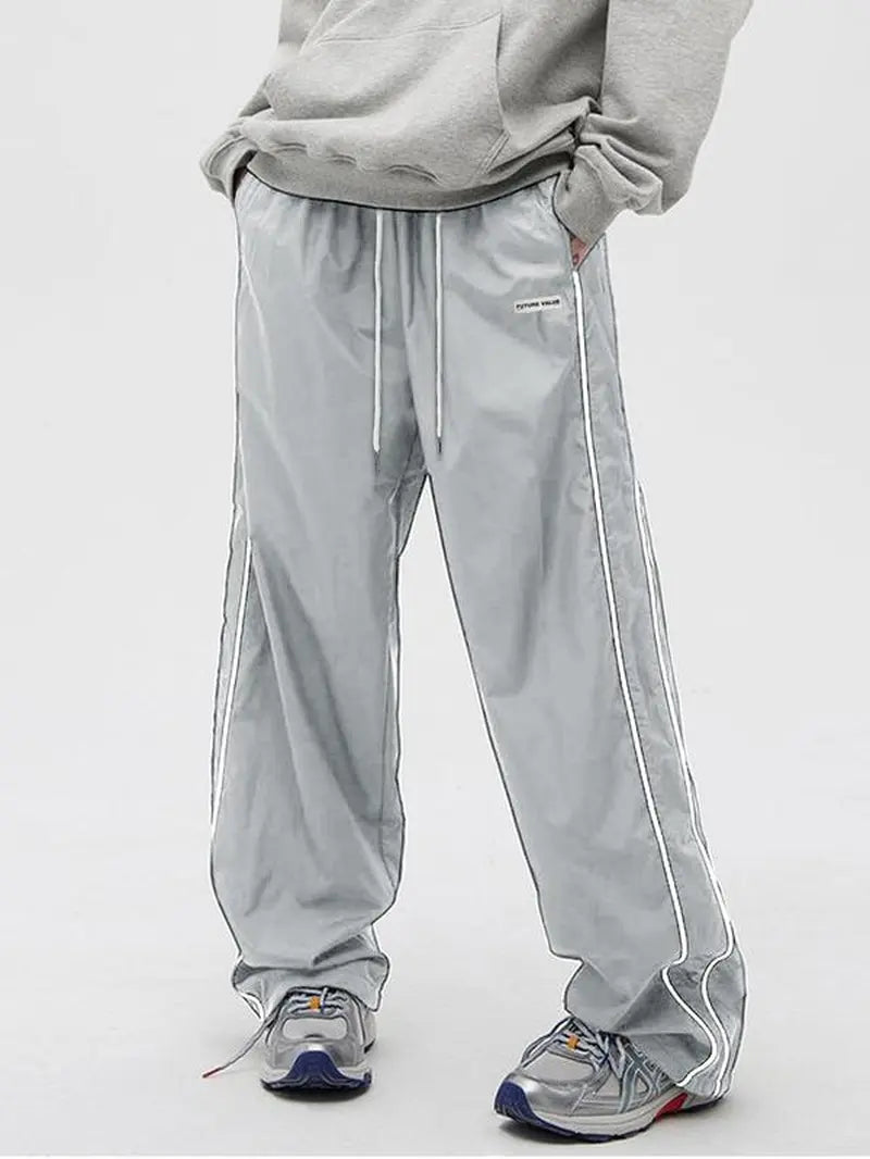 Men'S Side Stripe Drawstring Waist Straight Leg Pants, Casual Pocket Letter Patched Trousers for Fall & Winter, Loose Menswear, Drippy Outfits