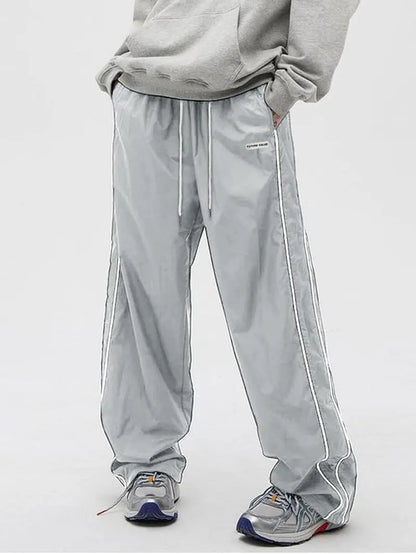 Men'S Side Stripe Drawstring Waist Straight Leg Pants, Casual Pocket Letter Patched Trousers for Fall & Winter, Loose Menswear, Drippy Outfits