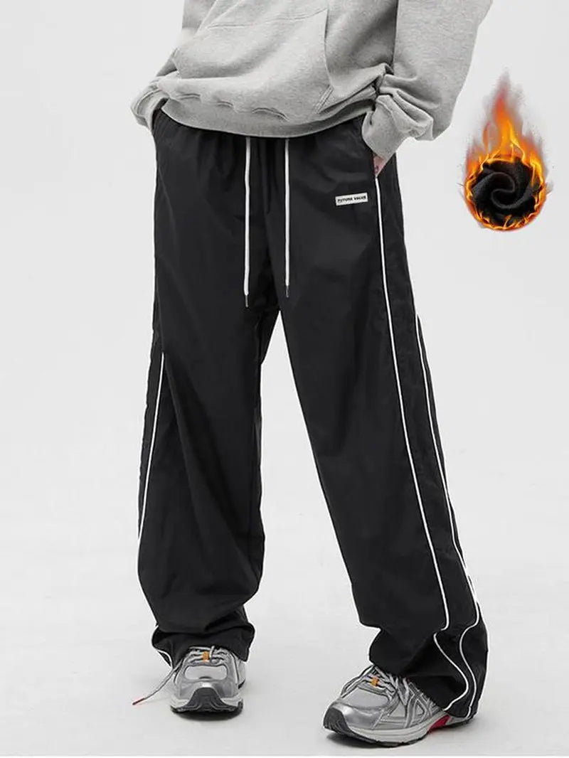 Men'S Side Stripe Drawstring Waist Straight Leg Pants, Casual Pocket Letter Patched Trousers for Fall & Winter, Loose Menswear, Drippy Outfits