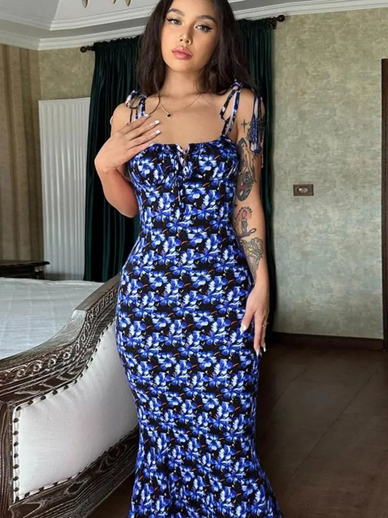 Women'S Ditsy Floral Print Backless Tie Shoulder Mermaid Dress, Elegant Tie Front Maxi Cami Bodycon Dress for Holiday Party, Summer Clothes Women, Summer Dresses for Women