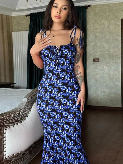 Women'S Ditsy Floral Print Backless Tie Shoulder Mermaid Dress, Elegant Tie Front Maxi Cami Bodycon Dress for Holiday Party, Summer Clothes Women, Summer Dresses for Women