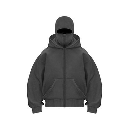 Balaclava Hoodie with Built-In Zip - Black Polyester Long Sleeve Men'S Athletic Sweatshirt for Autumn Winter Sports & Casual Wear