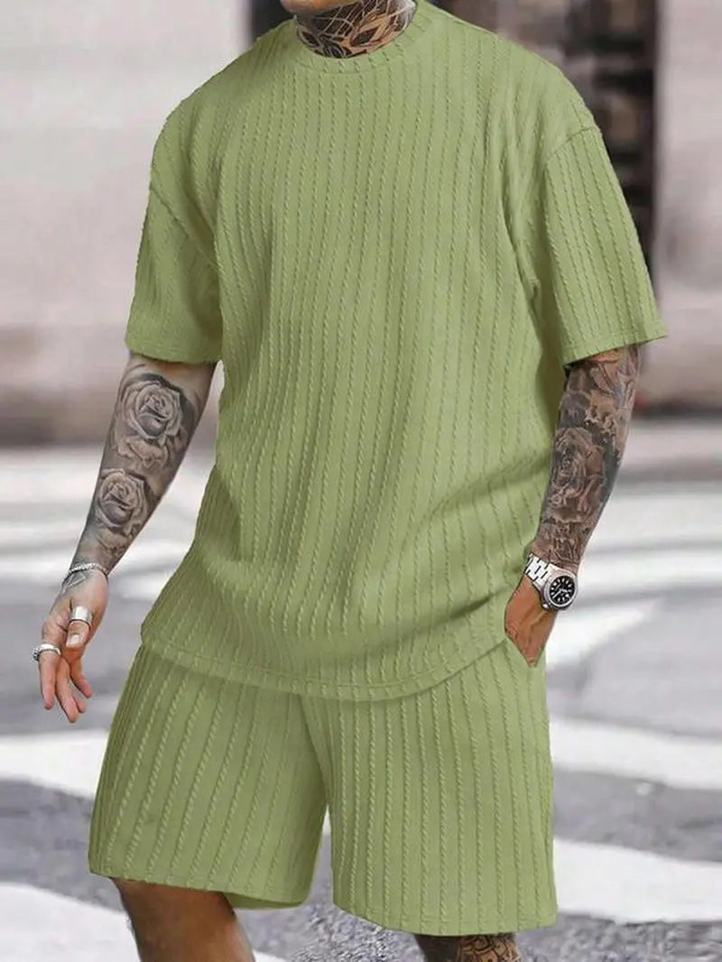 Men'S Summer Casual Set, Plain Shoulder Drop Tee & Drawstring Waist Pocket Shorts, Breathable Jacquard Fabric, Loose Fit, 2 Piece