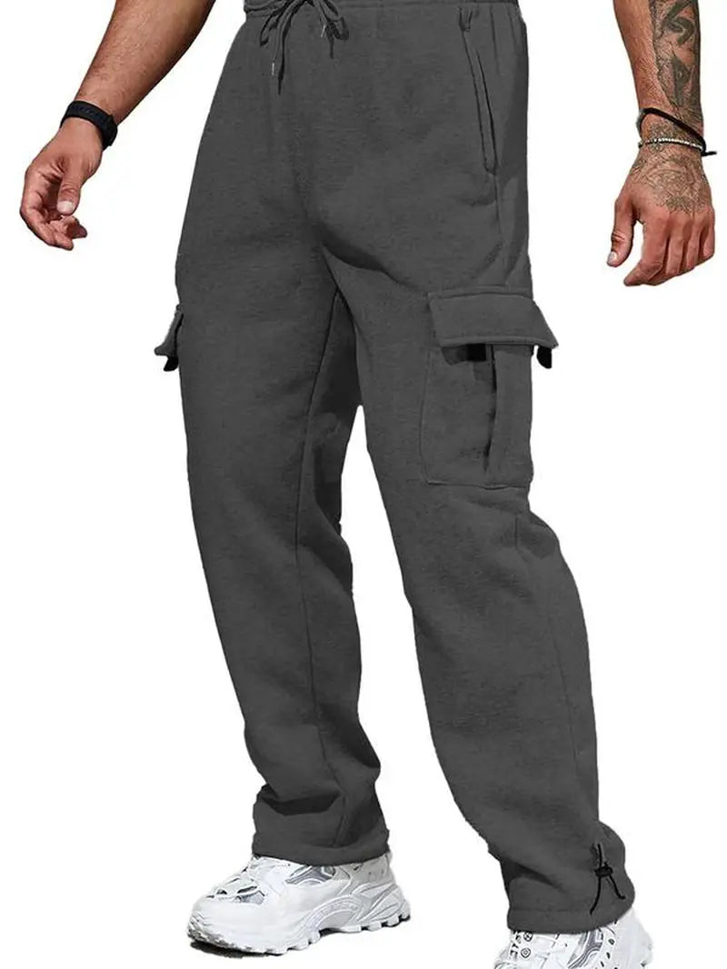 Men'S Plain Pockets Drawstring Waist Wide Leg Pants, Fashion Casual Loose Fit Straight Leg Trousers, Men'S Tracksuit for Fitness Travel, Machine Washable Pants, Work Trousers, Outdoor Activewear