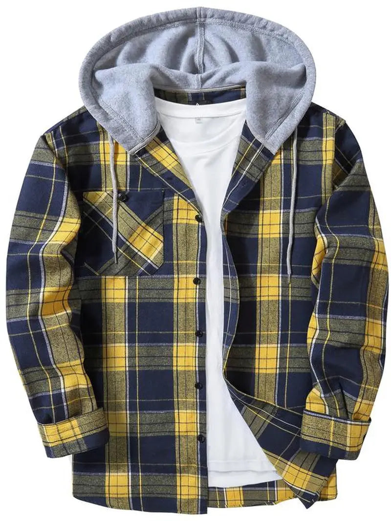 Men'S Plaid Print Button Front Drawstring Hooded Shirt, Regular Fit Casual Long Sleeve Pocket Top, Men'S Clothes for Daily Wear