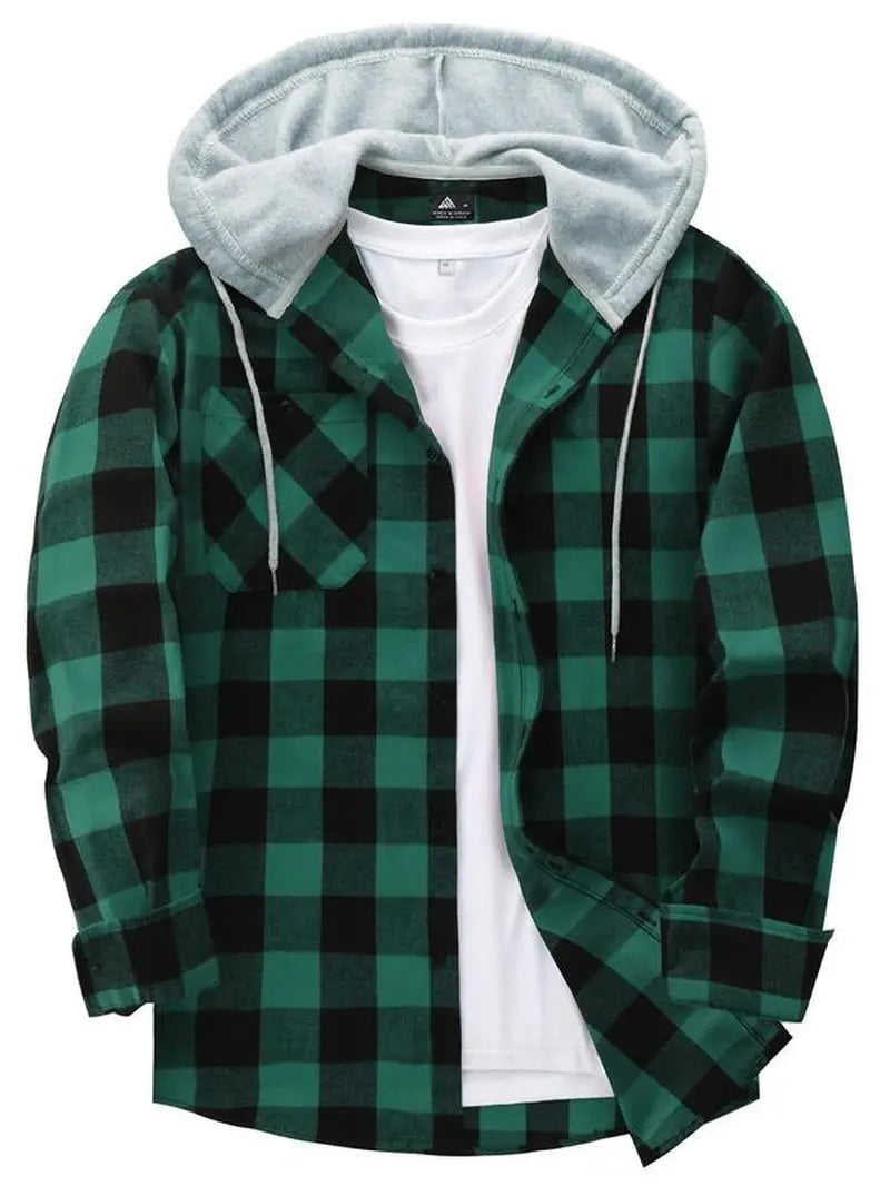 Men'S Plaid Print Button Front Drawstring Hooded Shirt, Regular Fit Casual Long Sleeve Pocket Top, Men'S Clothes for Daily Wear