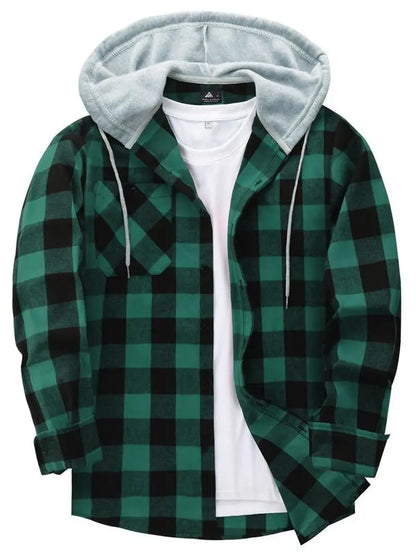 Men'S Plaid Print Button Front Drawstring Hooded Shirt, Regular Fit Casual Long Sleeve Pocket Top, Men'S Clothes for Daily Wear