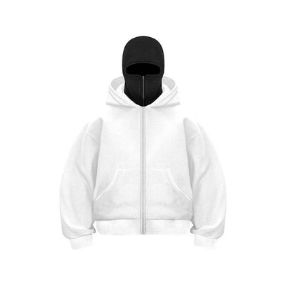 Balaclava Hoodie with Built-In Zip - Black Polyester Long Sleeve Men'S Athletic Sweatshirt for Autumn Winter Sports & Casual Wear