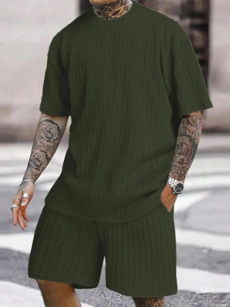 Men'S Summer Casual Set, Plain Shoulder Drop Tee & Drawstring Waist Pocket Shorts, Breathable Jacquard Fabric, Loose Fit, 2 Piece