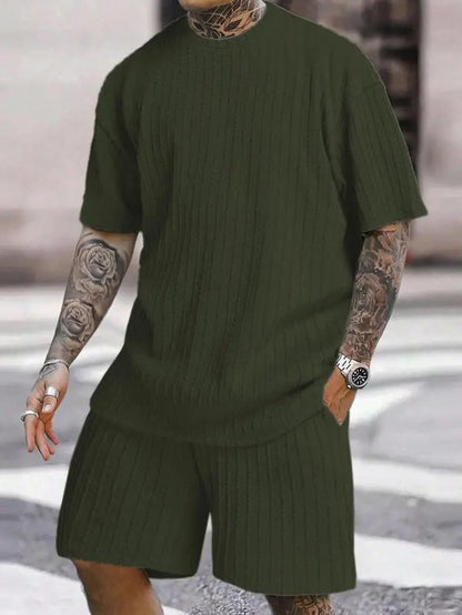 Men'S Summer Casual Set, Plain Shoulder Drop Tee & Drawstring Waist Pocket Shorts, Breathable Jacquard Fabric, Loose Fit, 2 Piece