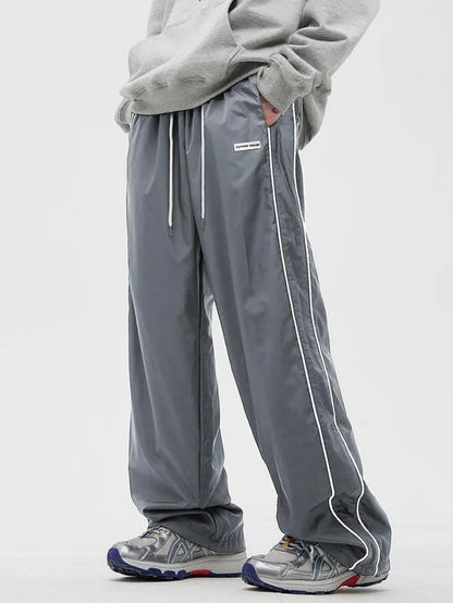 Men'S Side Stripe Drawstring Waist Straight Leg Pants, Casual Pocket Letter Patched Trousers for Fall & Winter, Loose Menswear, Drippy Outfits