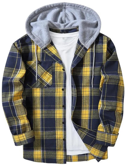 Men'S Plaid Print Button Front Drawstring Hooded Shirt, Regular Fit Casual Long Sleeve Pocket Top, Men'S Clothes for Daily Wear