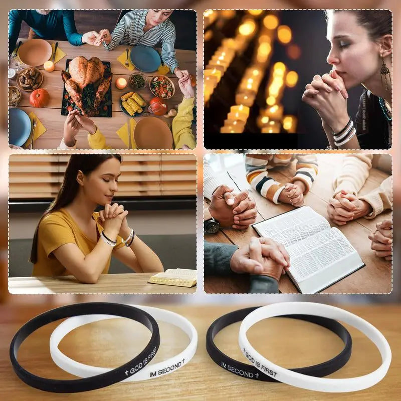 4 Pack GOD IS FIRST IM SECOND Faith Bracelets - Devotion Reminder with Interchangeable Black & White Christian Silicone Bands, Mix & Match Scripture Wristbands, and Uplifting Christian Gift Set for Men Women Teens