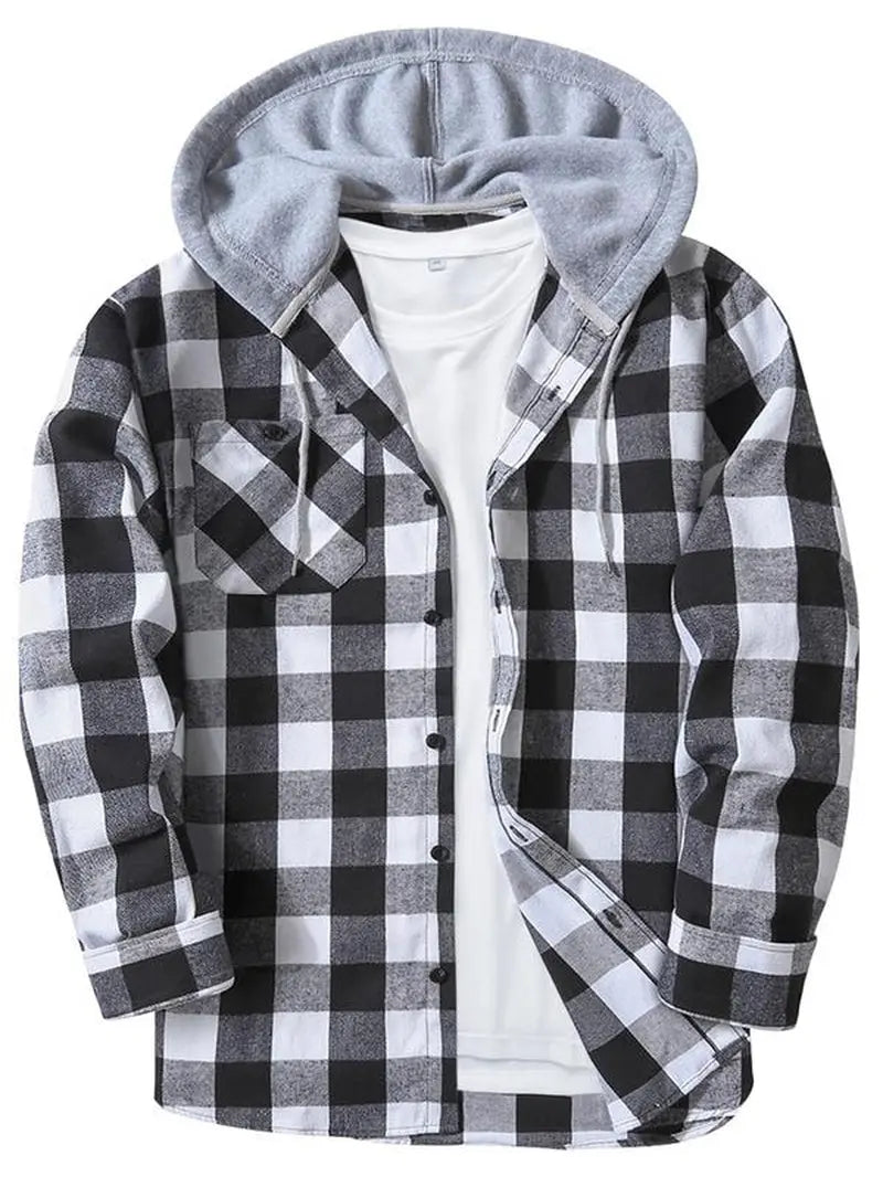 Men'S Plaid Print Button Front Drawstring Hooded Shirt, Regular Fit Casual Long Sleeve Pocket Top, Men'S Clothes for Daily Wear