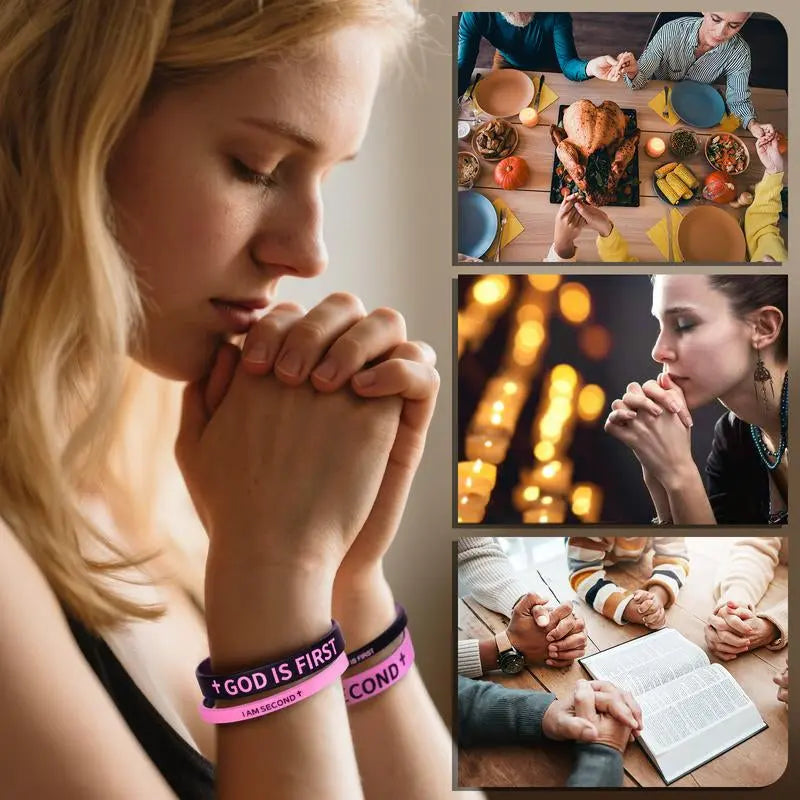 4 Pack GOD IS FIRST IM SECOND Faith Bracelets - Devotion Reminder with Interchangeable Black & White Christian Silicone Bands, Mix & Match Scripture Wristbands, and Uplifting Christian Gift Set for Men Women Teens