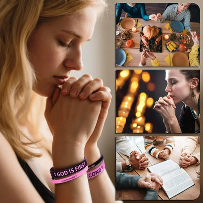 4 Pack GOD IS FIRST IM SECOND Faith Bracelets - Devotion Reminder with Interchangeable Black & White Christian Silicone Bands, Mix & Match Scripture Wristbands, and Uplifting Christian Gift Set for Men Women Teens