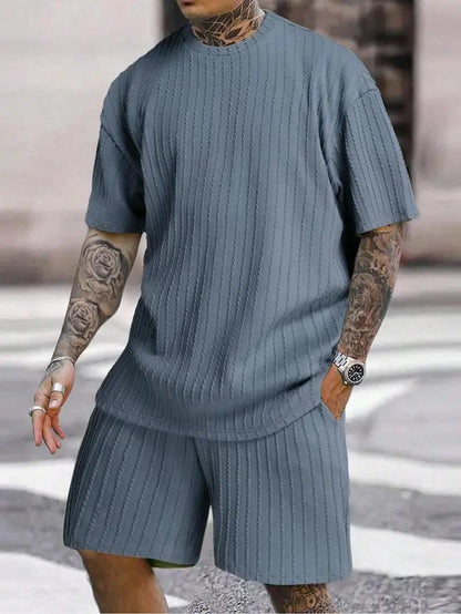 Men'S Summer Casual Set, Plain Shoulder Drop Tee & Drawstring Waist Pocket Shorts, Breathable Jacquard Fabric, Loose Fit, 2 Piece