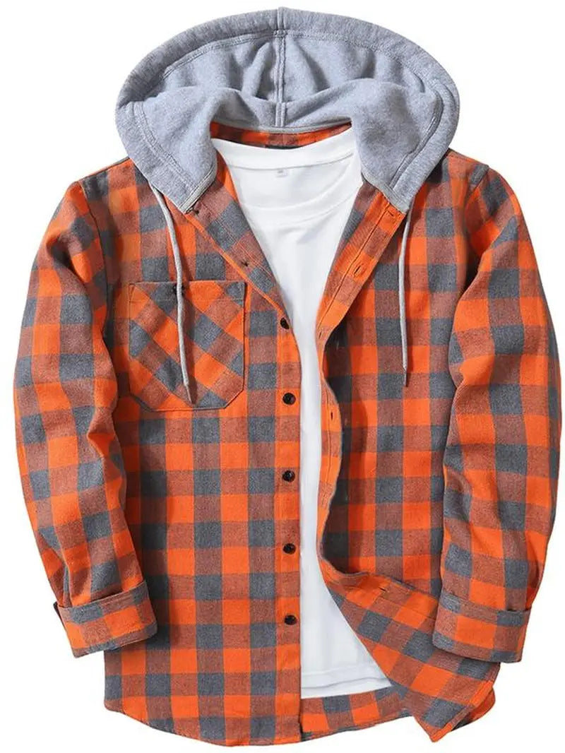 Men'S Plaid Print Button Front Drawstring Hooded Shirt, Regular Fit Casual Long Sleeve Pocket Top, Men'S Clothes for Daily Wear