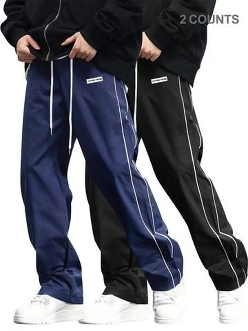 Men'S Side Stripe Drawstring Waist Straight Leg Pants, Casual Pocket Letter Patched Trousers for Fall & Winter, Loose Menswear, Drippy Outfits