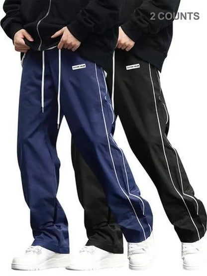 Men'S Side Stripe Drawstring Waist Straight Leg Pants, Casual Pocket Letter Patched Trousers for Fall & Winter, Loose Menswear, Drippy Outfits