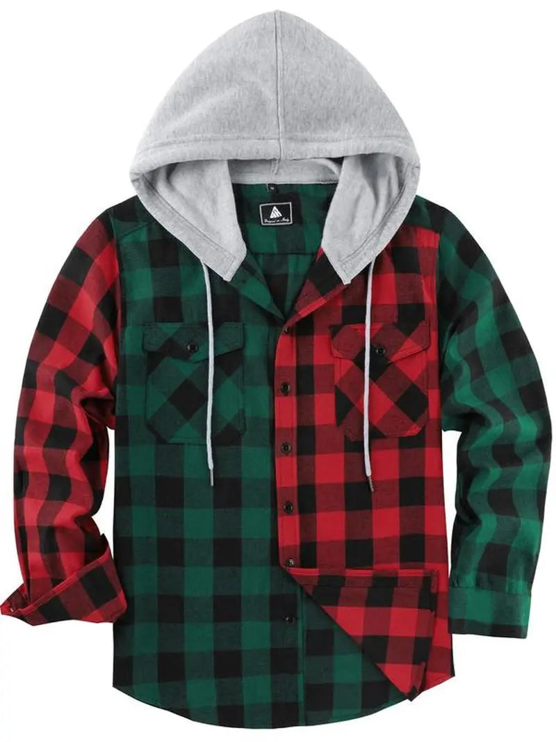 Men'S Plaid Print Button Front Drawstring Hooded Shirt, Regular Fit Casual Long Sleeve Pocket Top, Men'S Clothes for Daily Wear