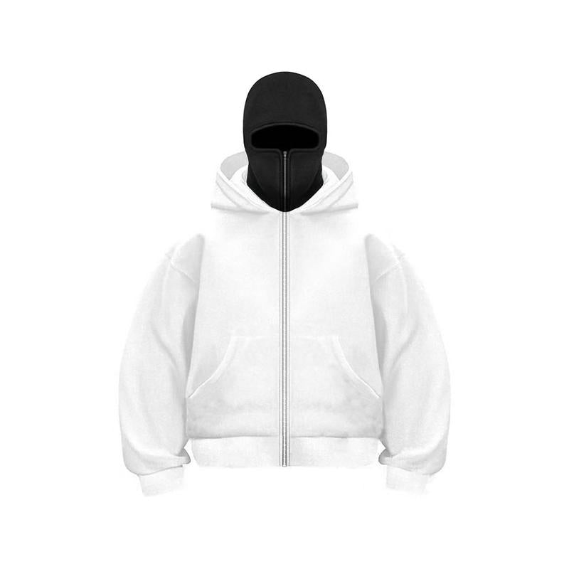 Balaclava Hoodie with Built-In Zip - Black Polyester Long Sleeve Men'S Athletic Sweatshirt for Autumn Winter Sports & Casual Wear