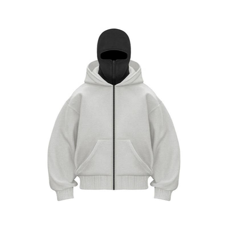 Balaclava Hoodie with Built-In Zip - Black Polyester Long Sleeve Men'S Athletic Sweatshirt for Autumn Winter Sports & Casual Wear