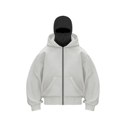 Balaclava Hoodie with Built-In Zip - Black Polyester Long Sleeve Men'S Athletic Sweatshirt for Autumn Winter Sports & Casual Wear