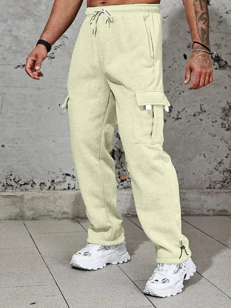 Men'S Plain Pockets Drawstring Waist Wide Leg Pants, Fashion Casual Loose Fit Straight Leg Trousers, Men'S Tracksuit for Fitness Travel, Machine Washable Pants, Work Trousers, Outdoor Activewear