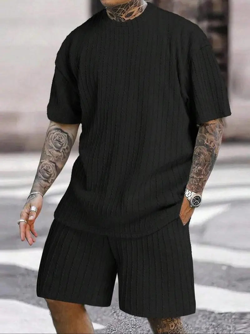 Men'S Summer Casual Set, Plain Shoulder Drop Tee & Drawstring Waist Pocket Shorts, Breathable Jacquard Fabric, Loose Fit, 2 Piece