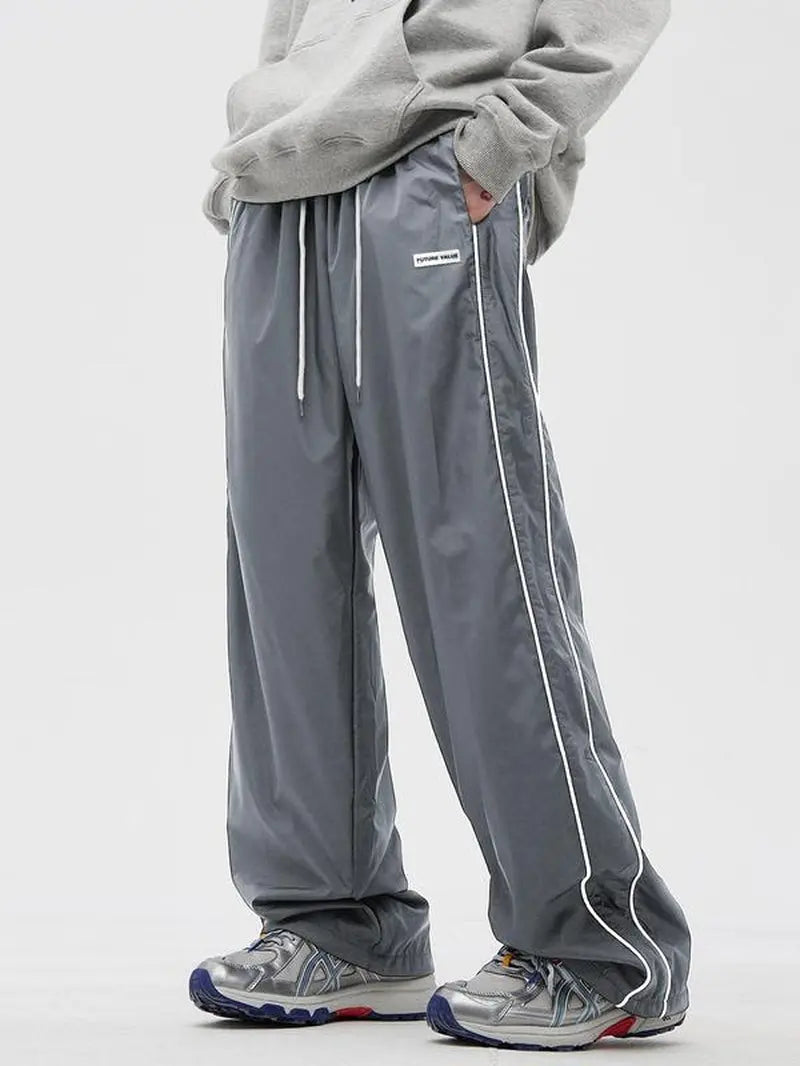 Men'S Side Stripe Drawstring Waist Straight Leg Pants, Casual Pocket Letter Patched Trousers for Fall & Winter, Loose Menswear, Drippy Outfits