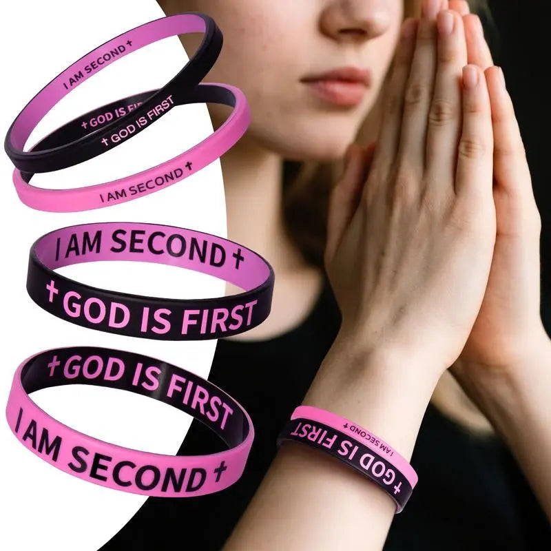 4 Pack GOD IS FIRST IM SECOND Faith Bracelets - Devotion Reminder with Interchangeable Black & White Christian Silicone Bands, Mix & Match Scripture Wristbands, and Uplifting Christian Gift Set for Men Women Teens
