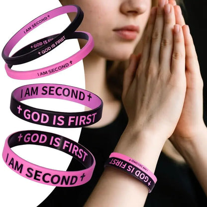 4 Pack GOD IS FIRST IM SECOND Faith Bracelets - Devotion Reminder with Interchangeable Black & White Christian Silicone Bands, Mix & Match Scripture Wristbands, and Uplifting Christian Gift Set for Men Women Teens