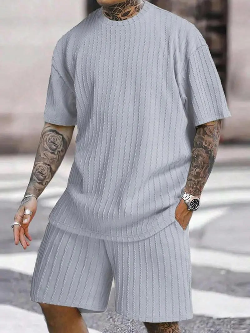 Men'S Summer Casual Set, Plain Shoulder Drop Tee & Drawstring Waist Pocket Shorts, Breathable Jacquard Fabric, Loose Fit, 2 Piece