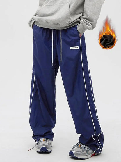 Men'S Side Stripe Drawstring Waist Straight Leg Pants, Casual Pocket Letter Patched Trousers for Fall & Winter, Loose Menswear, Drippy Outfits