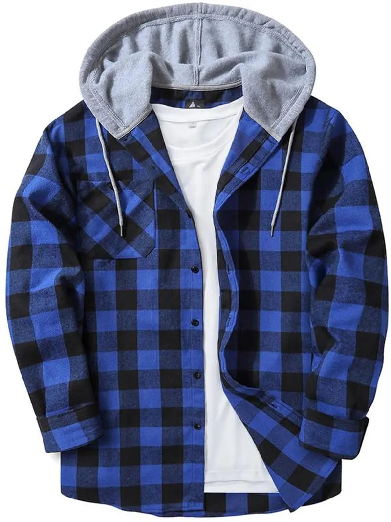 Men'S Plaid Print Button Front Drawstring Hooded Shirt, Regular Fit Casual Long Sleeve Pocket Top, Men'S Clothes for Daily Wear